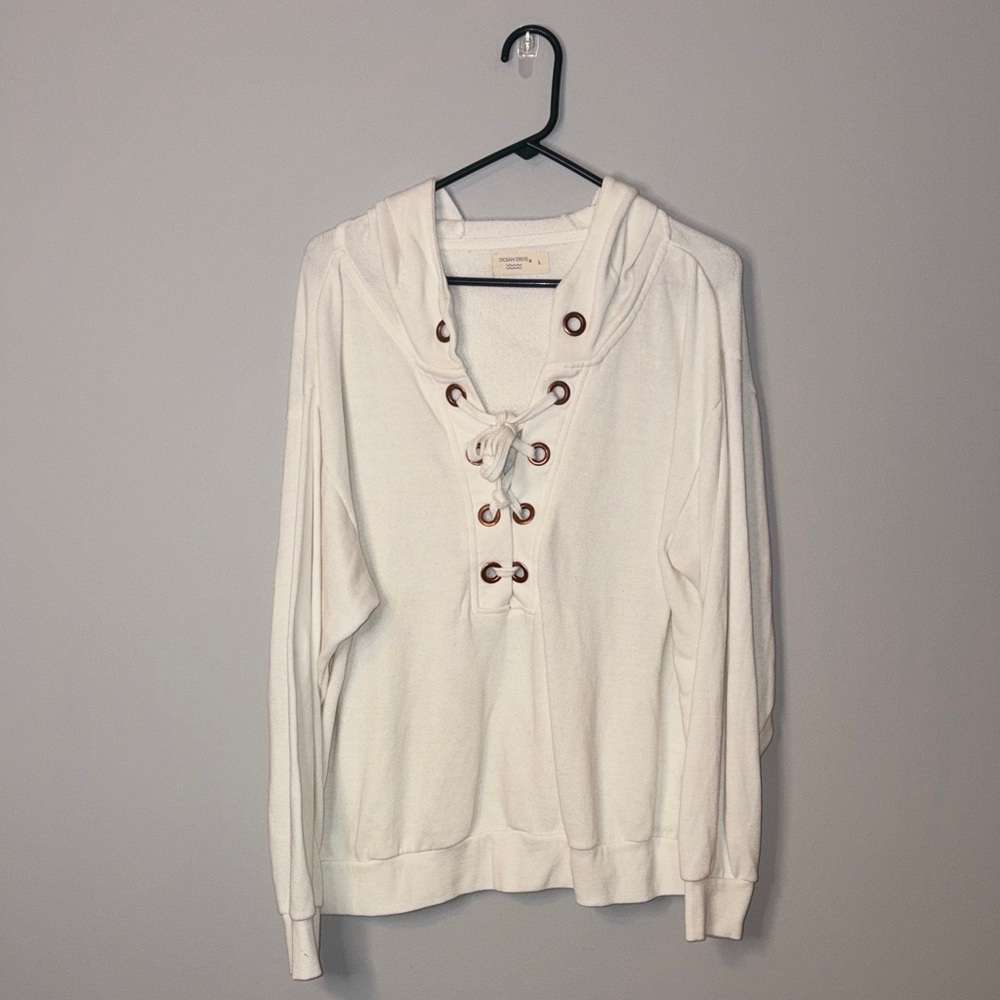 Women's Ocean Drive Lace-Up Hoodie Sweatshirt - White- Large